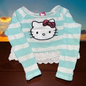 Hello Kitty Girls Kids 6 Sweater Pullover Blue White Stripe Sequin Pink Bow Top